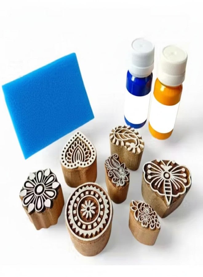 KHUSHA CREATIONS Wooden Block Printing Kit For Fabric, Paper & Craft | 10 Handcrafted Wooden Stamps with 2 Paints | Reusable Block Printing Tools for Kids & Adults | DIY Textile, Scrapbook & Art Project Set - Image 1